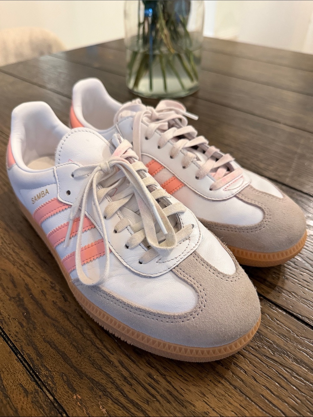 adidas Kids Samba White Sneakers with Pink Stripes